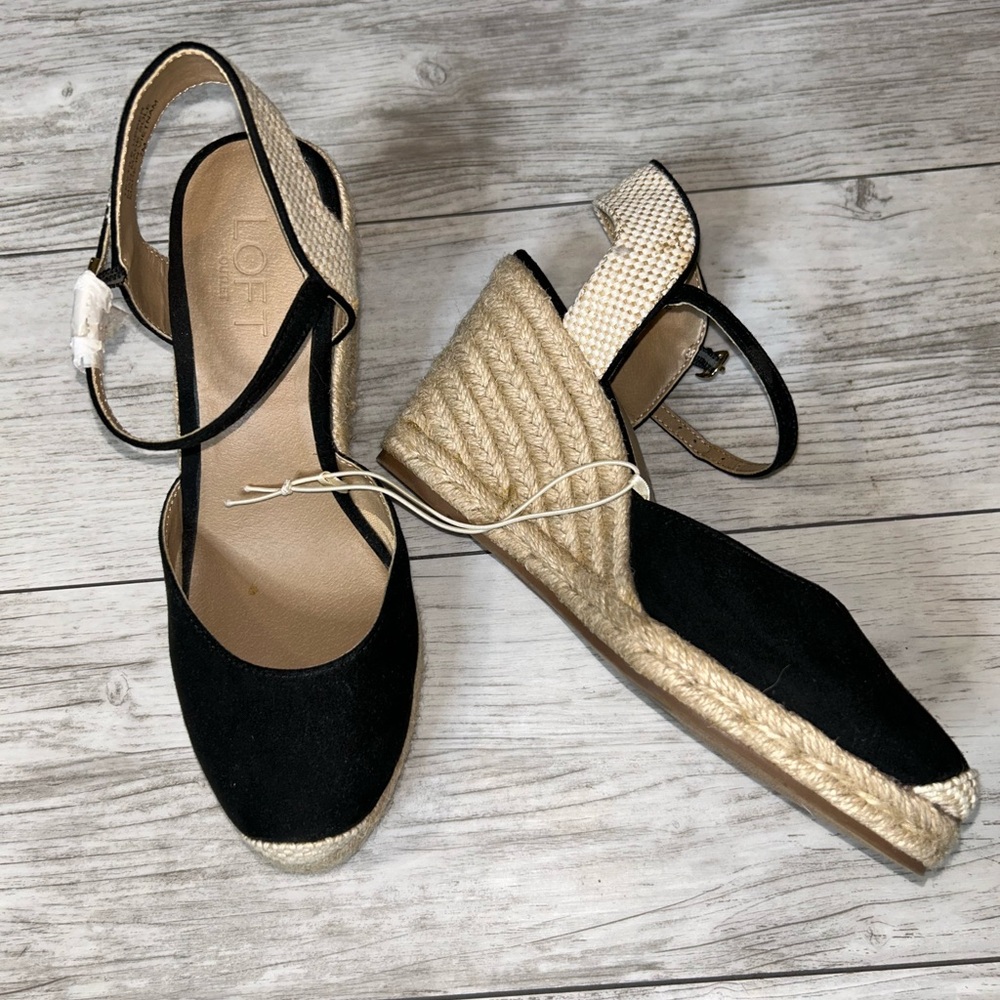 LOFT Black and Tan Espadrille Wedges Size 7 NWOT